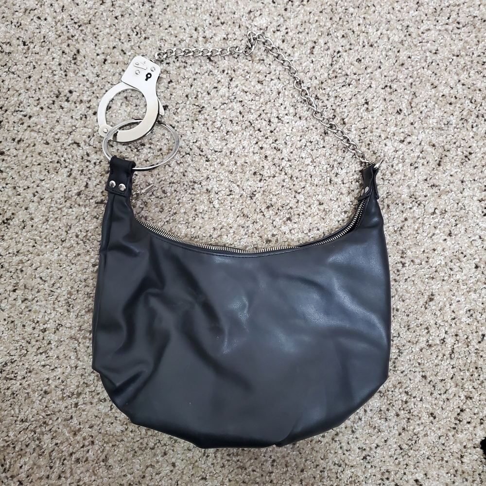 Black Chain Handle Shoulder Bag with Handcuff Accent
